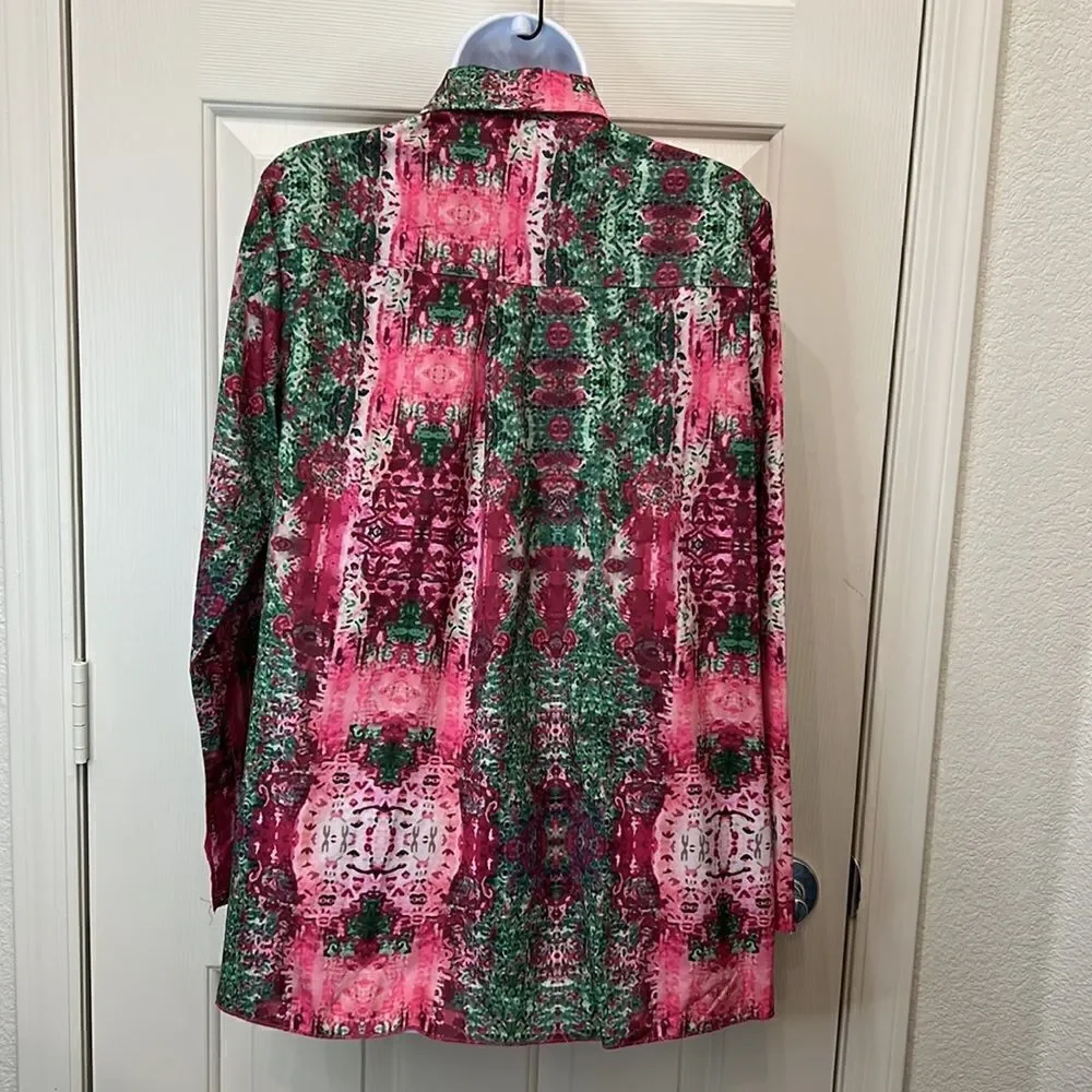 Misslook Blouse Size Medium Collar Button Front Long Sleeve Slimming Pink Green